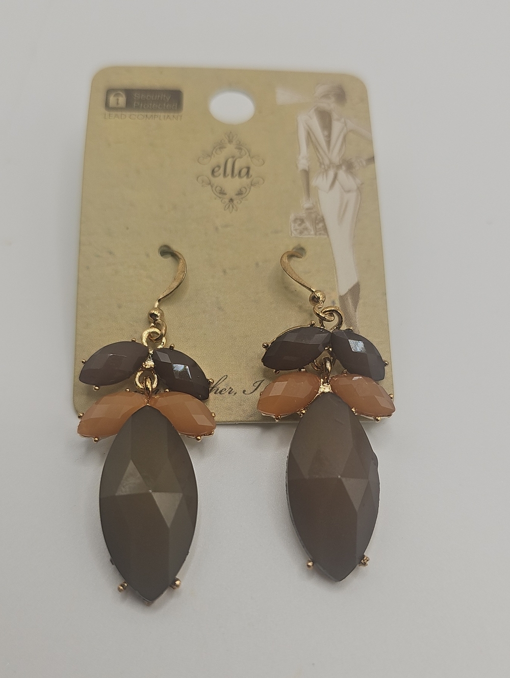 Ella Taupe and Peach Cluster Drop Earrings. Gold Tone.